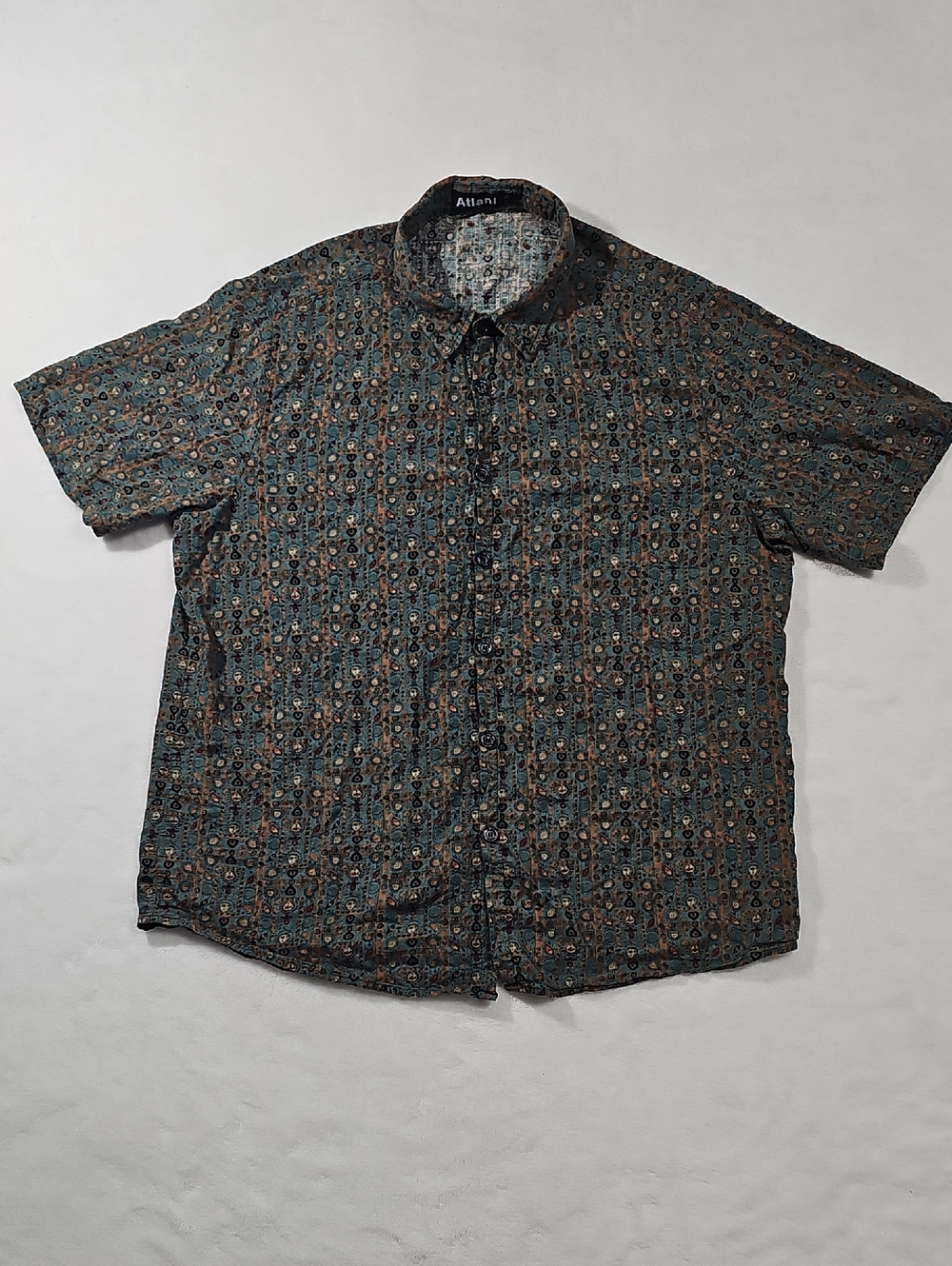 Atlani Mens XL Short Sleeve Button Up‎ Shirt Teal Orange Geometric Tribal Print